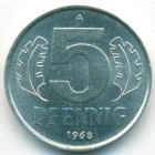 ГДР, 5 пфеннигов 1968 год (UNC)