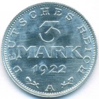 Веймарская республика, 3 марки 1922 год А (UNC)