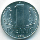 ГДР, 1 пфенниг 1968 год (UNC)