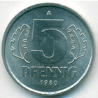 ГДР, 5 пфеннигов 1980 год (UNC)