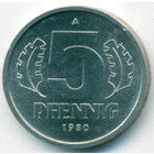 ГДР, 5 пфеннигов 1980 год (UNC)