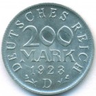 Веймарская республика, 200 марок 1923 года D (UNC)