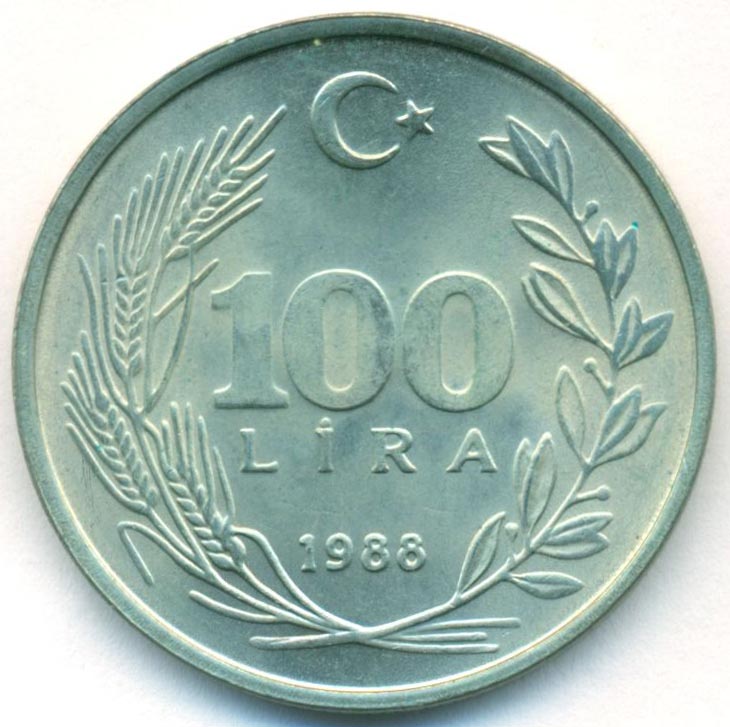 100 turkey. Монета 100 лир Турция. 100 Лир 1988 Турция. Турецкие Лиры 100 лир. Монета СТО лир 2004 г Турция.